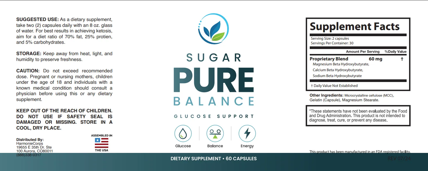 Official Sugar Pure Balance Glucose Support label — suggested use, warnings and the full Supplement Facts panel